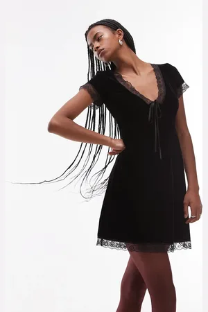 Topshop Velvet teadress mini with lace edge trim in
