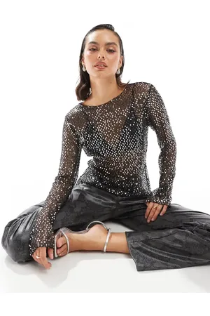 Pieces Long sleeve sequin mesh top in