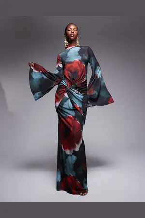 ASOS High neck long sleeve maxi dress with wide sleeves in red & blue abstract