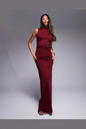 ASOS Gathered detail high neck maxi dress in burgundy