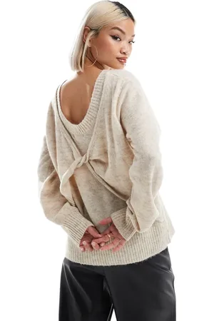 French Connection Knitted sweater with twist back detail in taupe melange