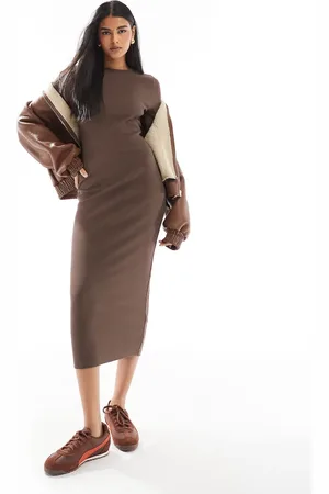 ASOS Ribbed crew neck turn cuff midi dress in chocolate