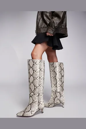 River Island Snakeskin print knee boots with low heel in beige