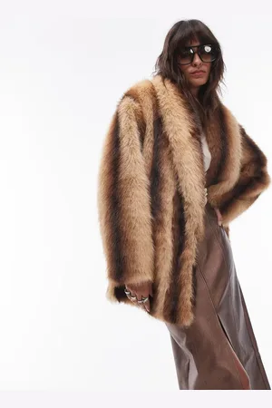 Topshop Faux fur midi coat in cream and stripe