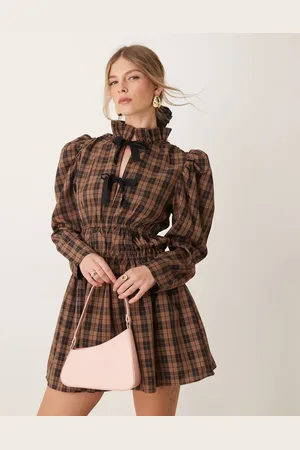 Ghospell Check print mini dress in tan and