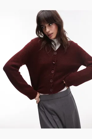 Topshop Knitted high v neck cardigan in burgundy