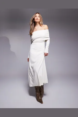 ASOS Ribbed long sleeve off the shoulder midi dress in cream