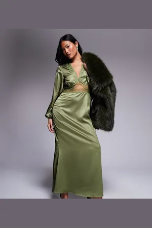 Never Fully Dressed Petite Mimi long sleeve lace cut-out slip maxi dress in olive