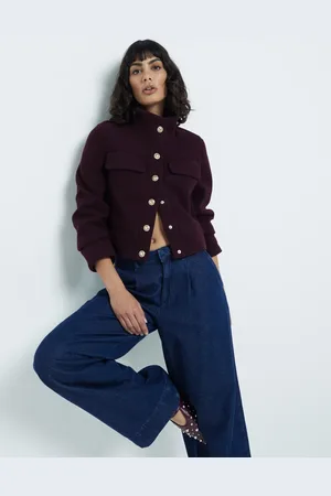 River Island Funnel neck short wool look jacket in burgundy