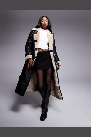 River Island Faux leather belted trench coat with shearling detail in