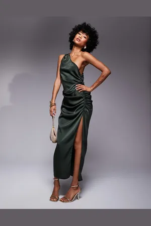 ASOS One shoulder satin ruched side midi dress in dark