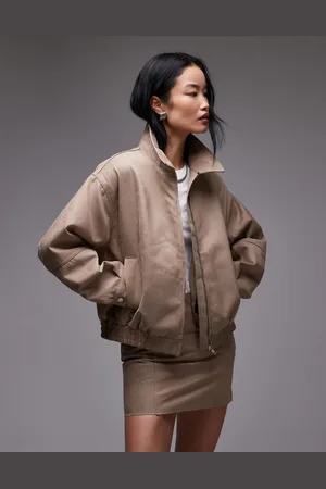 Topshop Faux suede cinched collared jacket in light beige