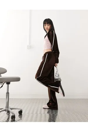 Reclaimed Velour side stripe wide leg sweatpants in chocolate - part of a set