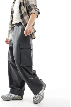 ASOS Baggy balloon cargo pants with zip details in charcoal