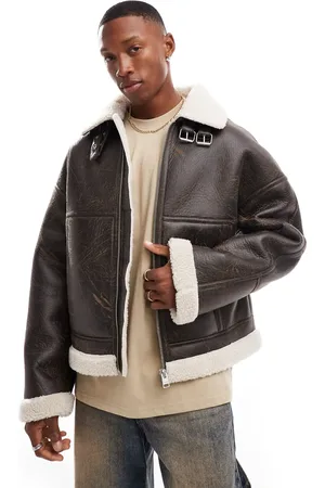 Bershka Faux leather washed jacket with shearling in