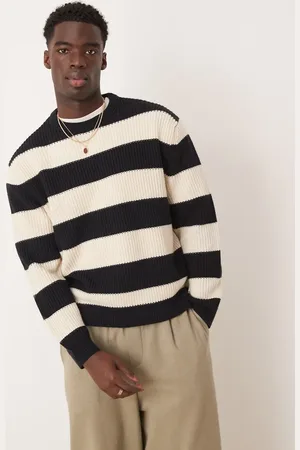 ASOS Oversized boxy fit rib knit fisherman sweater with stripes in