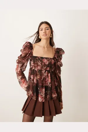 ASOS Square neck floaty chiffon long sleeve top in floral print