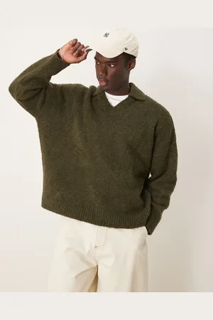 ASOS Oversized boxy fit boucle knitted notch neck sweater in khaki