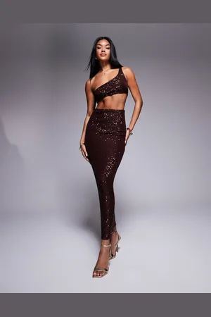 ASOS Sequin one shoulder midi dress with two piece look in chocolate