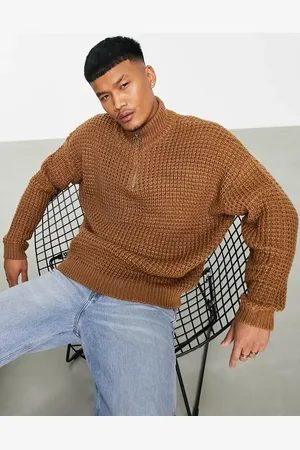 ASOS Oversized waffle knit half zip sweater in tan