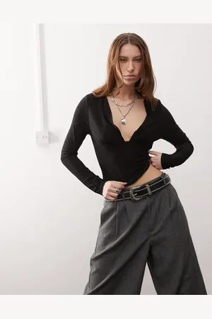 COLLUSION Deep v long sleeve second skin top