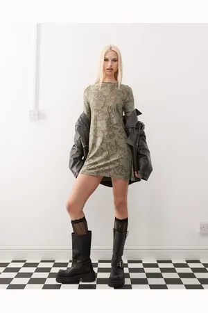 Reclaimed Textured jersey mini dress with flared sleeves in khaki