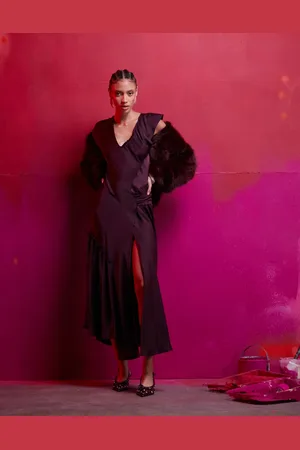 ASOS Asymmetric satin dress with ruffle detail in dark