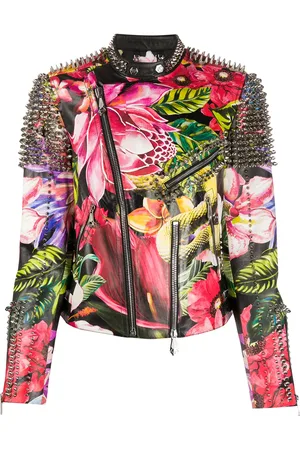 Philipp Plein Chamarra biker con estampado floral y apliques