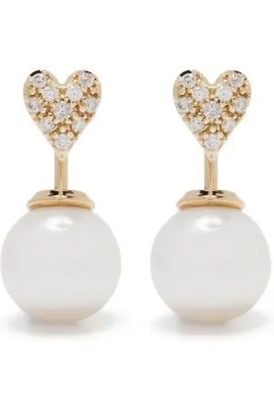 Mizuki Aretes Horizon pequeños en oro amarillo de 14kt con perla y detalle de corazón con diamantes