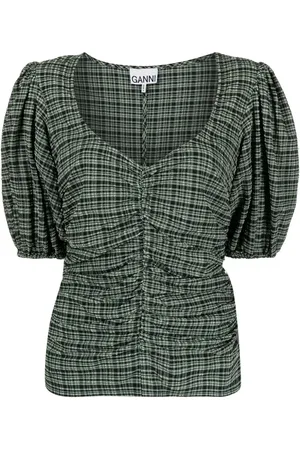 Ganni Blusa fruncida de tejido seersucker