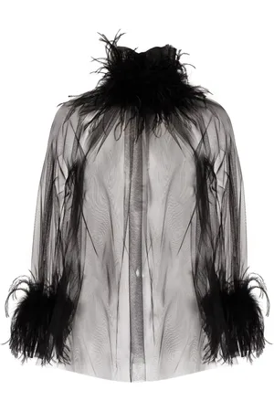 Styland Blusa transparente con ribete de plumas