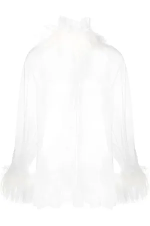 Styland Blusa con ribete de plumas de avestruz