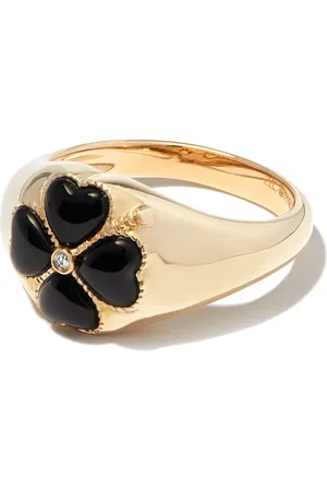 YVONNE LÉON Anillo de sello en oro amarillo de 9kt floral con diamantes y oníx negro