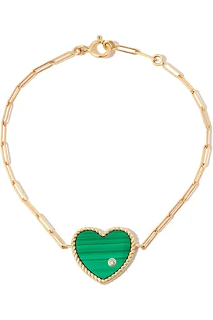 YVONNE LÉON Pulsera de cadena con dije de corazón en oro amarillo de 9kt y 18kt con diamante y malaquita