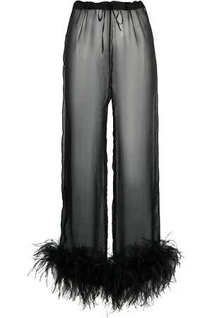 Oseree Pantalones de seda con ribete de plumas
