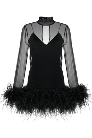 ‎Taller Marmo‎ Vestido corto manga larga con ribete de plumas
