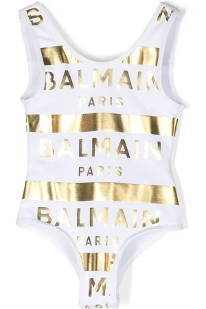 Balmain Traje de baño metalizado con logo estampado
