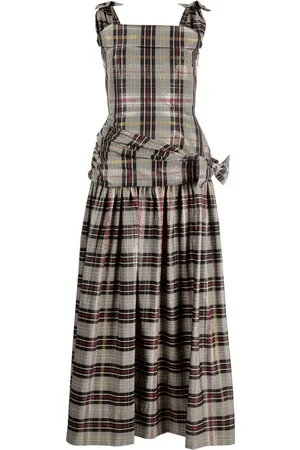 Molly Goddard Vestido largo con detalle de moño y estampado de cuadros tartán