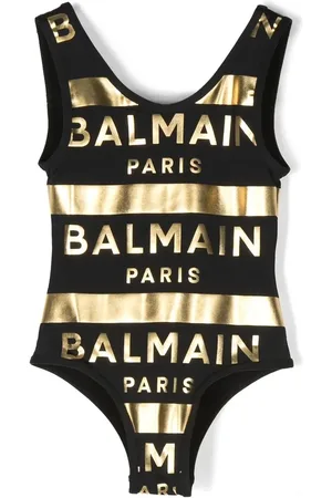 Balmain Traje de baño metalizado con logo estampado