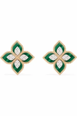Roberto Coin Aretes Princess Flower en oro rosa de 18kt con diamantes y malaquita
