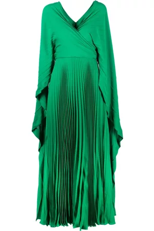 VALENTINO GARAVANI Vestido largo de seda con detalles plisados y cuello en V