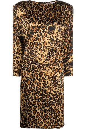 Saint Laurent Vestido de seda con estampado de leopardo 1980