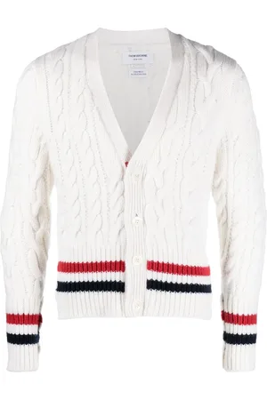 Thom Browne Cárdigan en tejido de ochos con cuello en V y rayas RWB