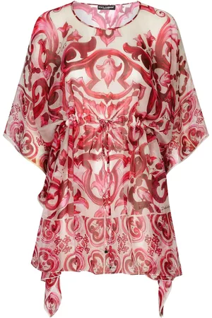Dolce & Gabbana Mujer De playa - Vestido tipo caftán de seda con estampado Mayólica