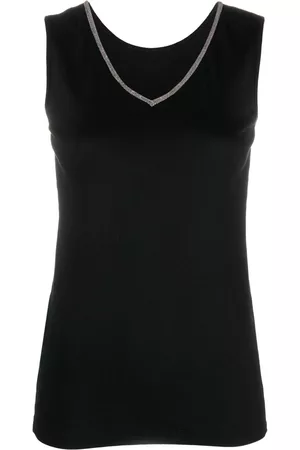 Fabiana Filippi Mujer Playeras originales - Camiseta con ribete de mostacilla y cuello en V