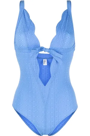 Lisa Marie Fernandez Traje de baño de tejido seersucker con detalle de moño y bordes festoneados