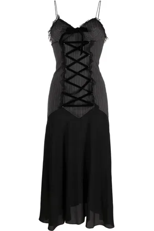 Alessandra Rich Vestido midi con estampado de rayas diplomáticas y agujetas