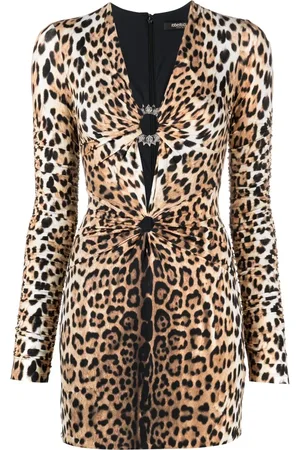 Roberto Cavalli Vestido corto con estampado de leopardo y cuello en V