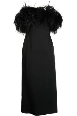DAVID KOMA Vestido midi satinado con ribete de plumas