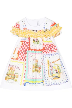 Simonetta Vestido acampanado con ilustración estampada y ribete de volantes